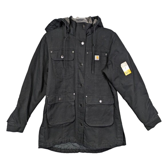 Carhartt Womens Loose Fit Weathered Washed Duck Coat Black Size Small NEW - Picture 2 of 14